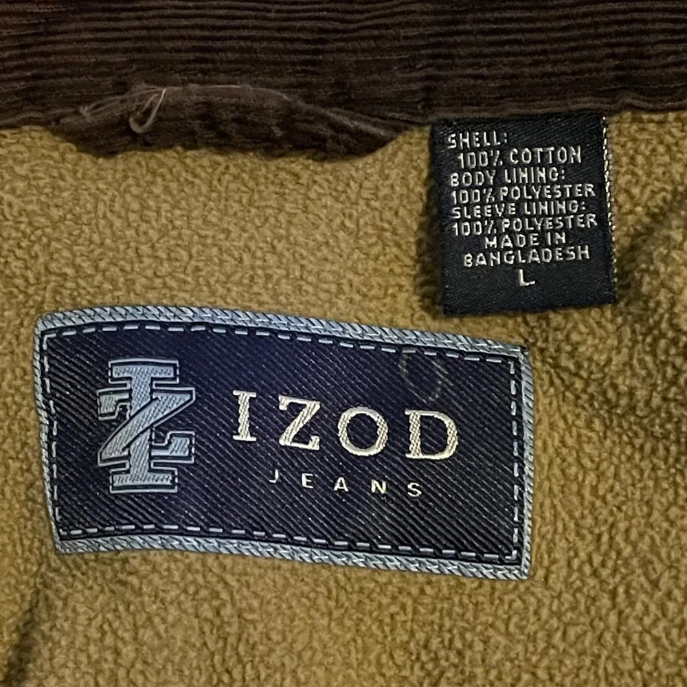 IZOD Jeans Jacket Mens Large Brown Corduroy Fleece Lined Shirt Button Up Sherpa
